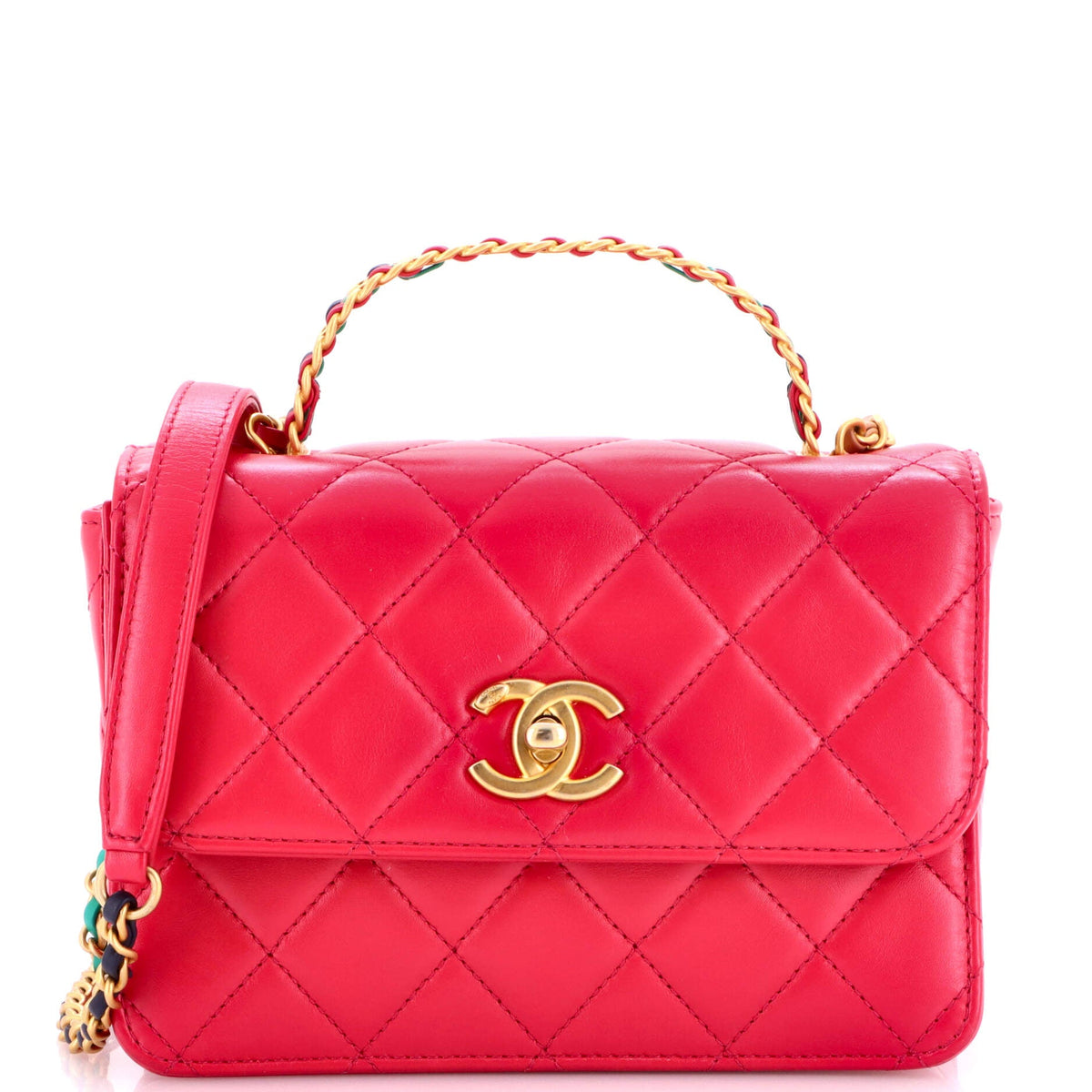 Chanel Logo Links Top Handle Flap Bag Quilted Calfskin Mini