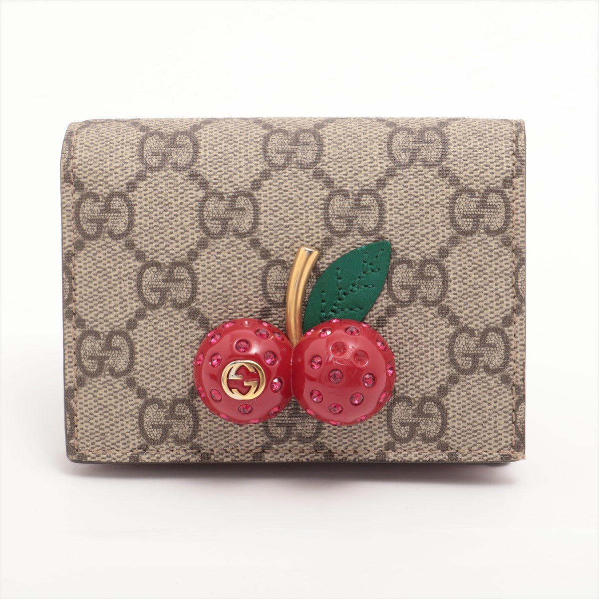 Gucci GG Supreme cherry 476050 PVC & leather Compact Wallet Beige x red