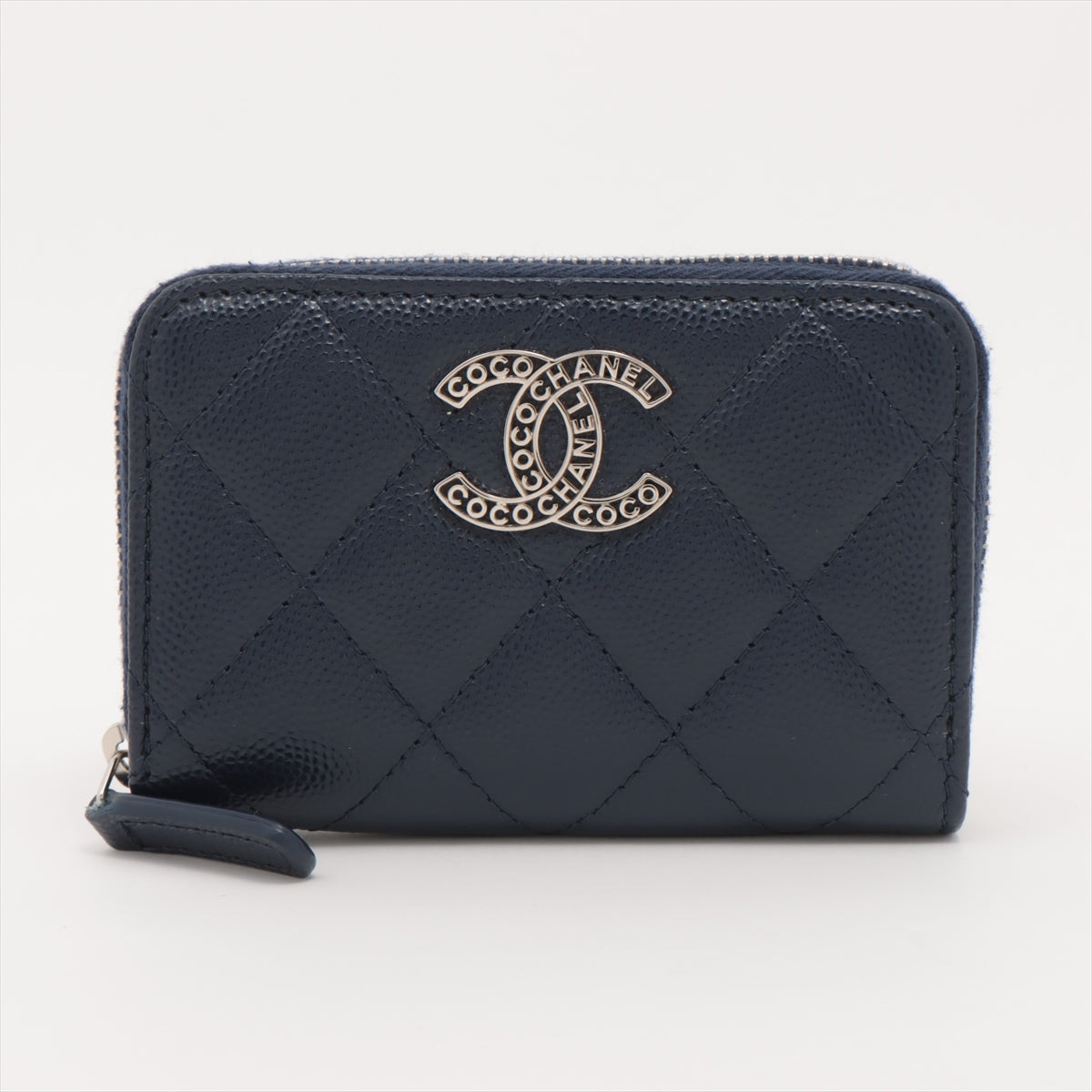 Chanel Matelasse Caviar Skin Coin Purse Navy Blue Silver Metal Fittings