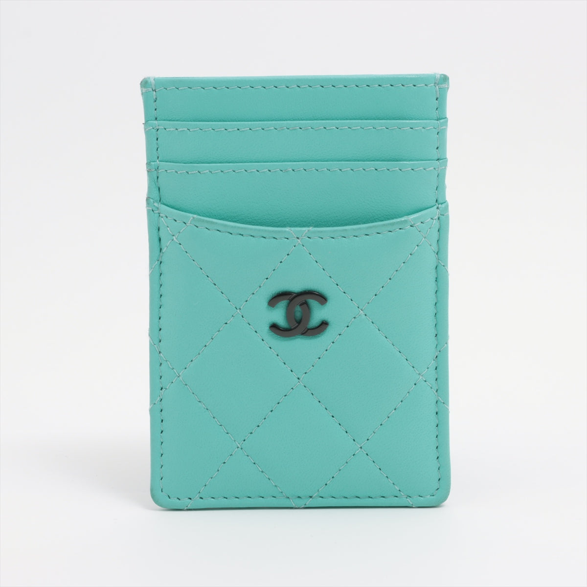 Chanel Matelasse Lambskin Card Case Blue Black Metal Fittings