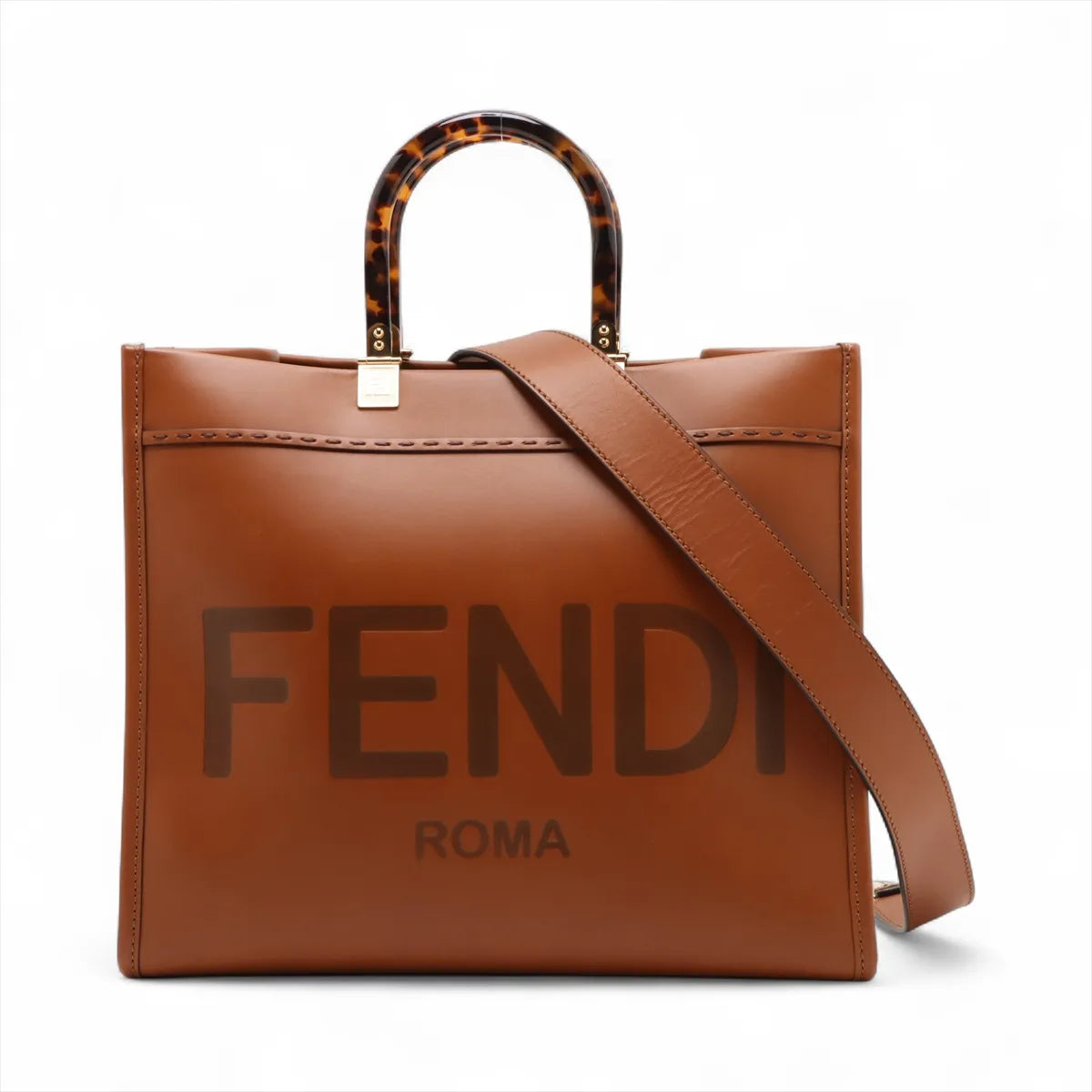 Fendi Sunshine Medium Leather 2 Way Tote Bag Brown 8BH386
