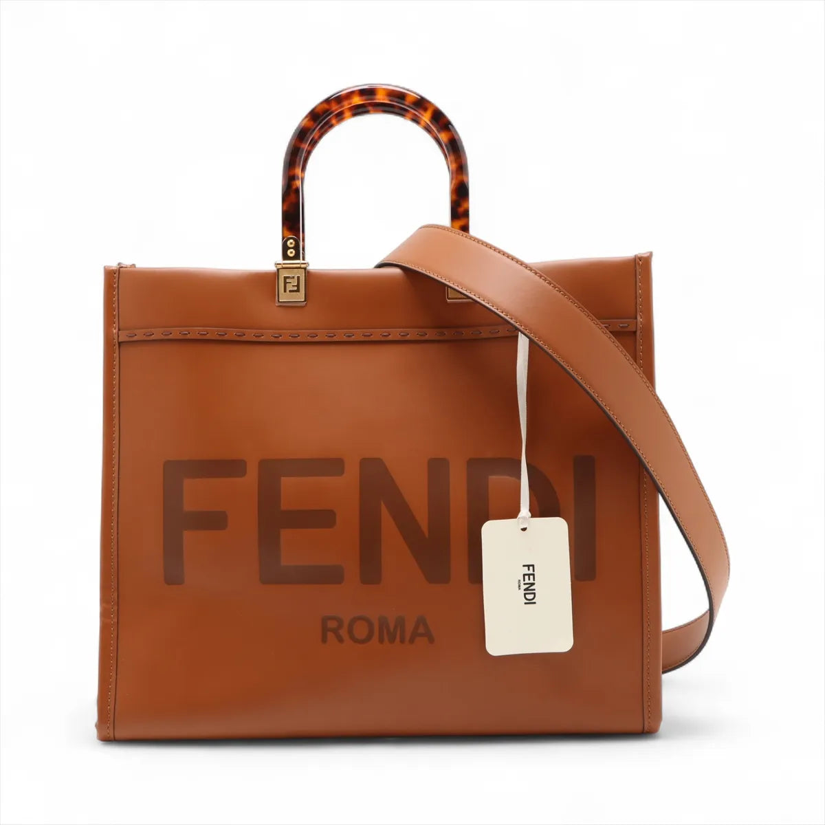Fendi Sunshine Medium Leather 2 Way Tote Bag Brown 8BH386