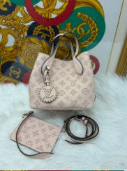 LOUIS VUITTON light pink mahina muria mini silver hardware with pouch and shoulder strap