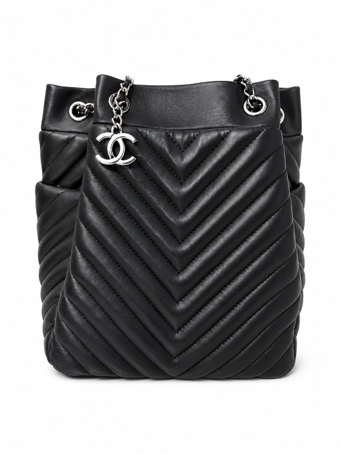 Chanel Black Calf Leather Chevron Bucket Bag