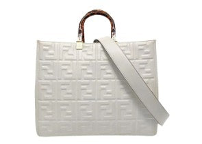 Fendi White Leather Sunshine Tote - Tortoise Handles/Strap