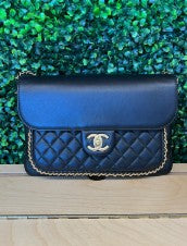 Chanel black calf leather 2 way flap bag with quilted chain pocket