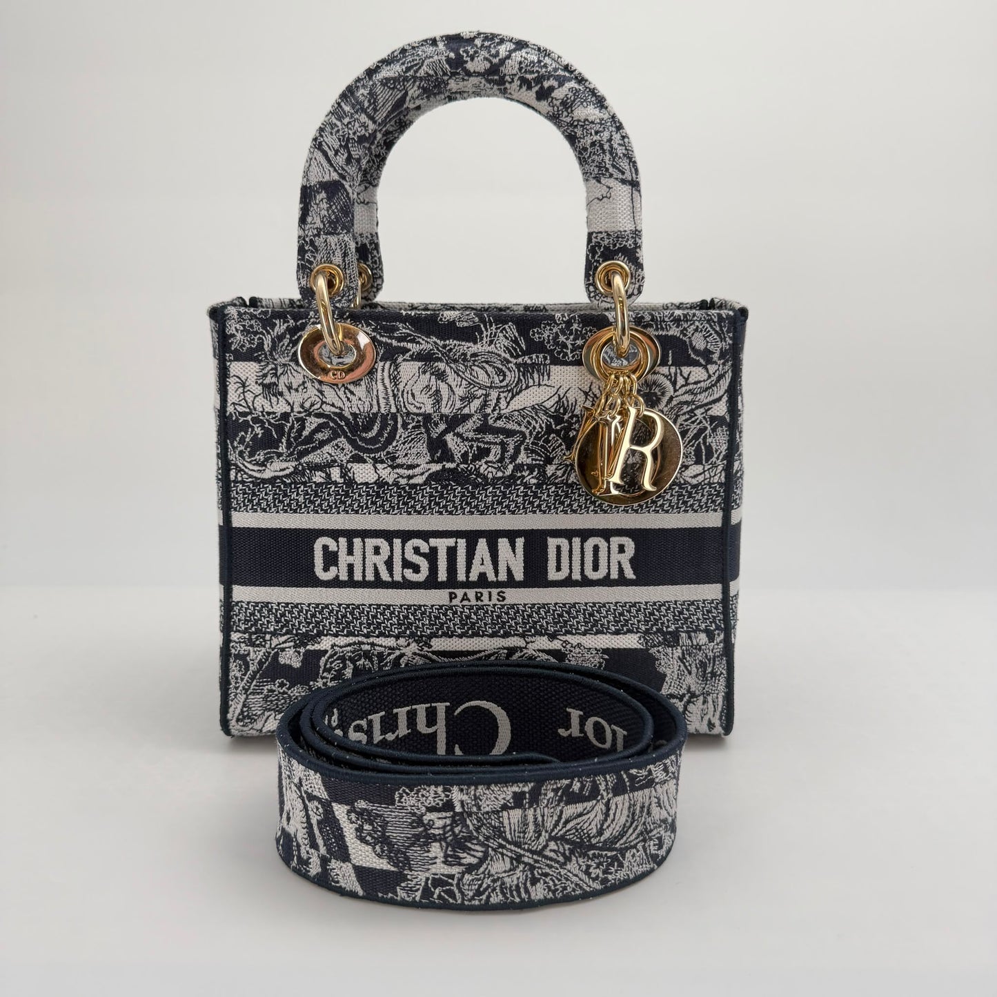 Dior Blue and White Zoo-Embroidered Medium Lady D-Lite Bag with Shoulder Strap - SKU: LSCJ082600130