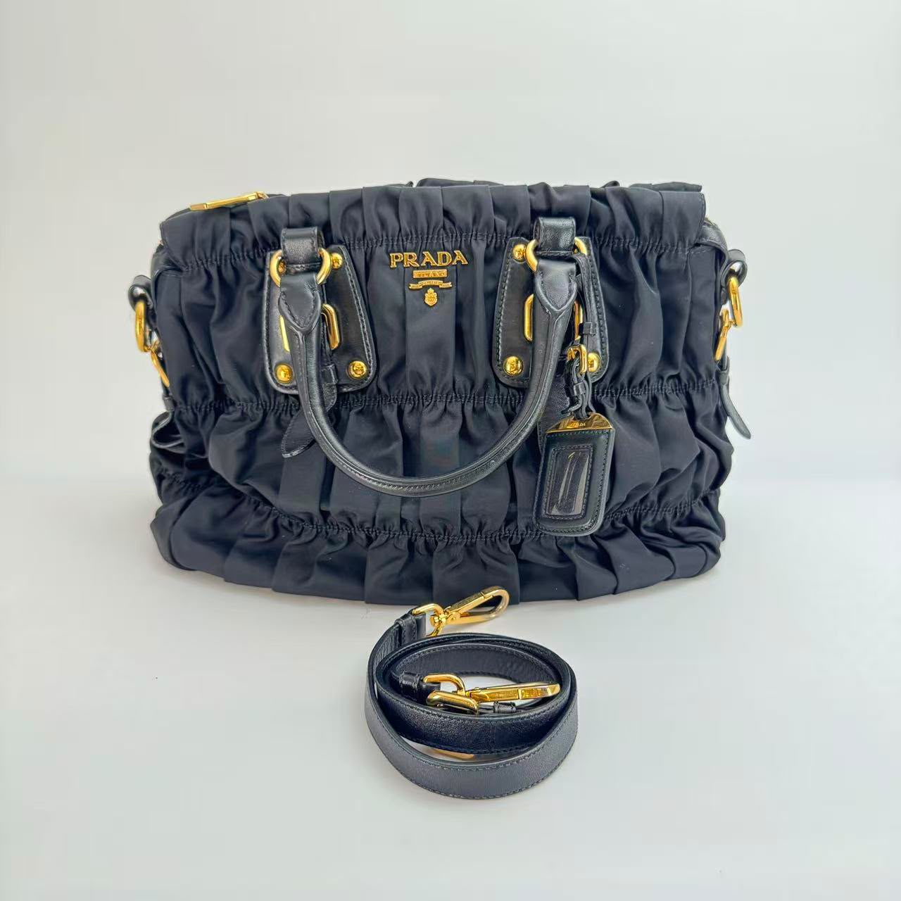 Prada Nylon Pleated Bag with Gold Hardware and Shoulder Strap - SKU: LSCJ082600168