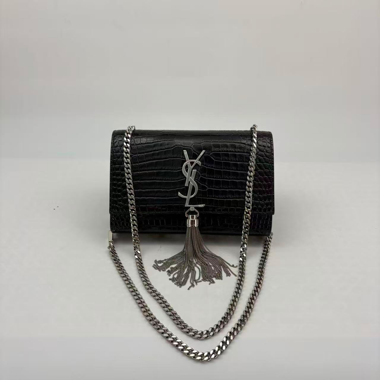 Saint Laurent Crocodile-Embossed Kate Bag, Black Crocodile-Embossed Leather, Tassel Detail