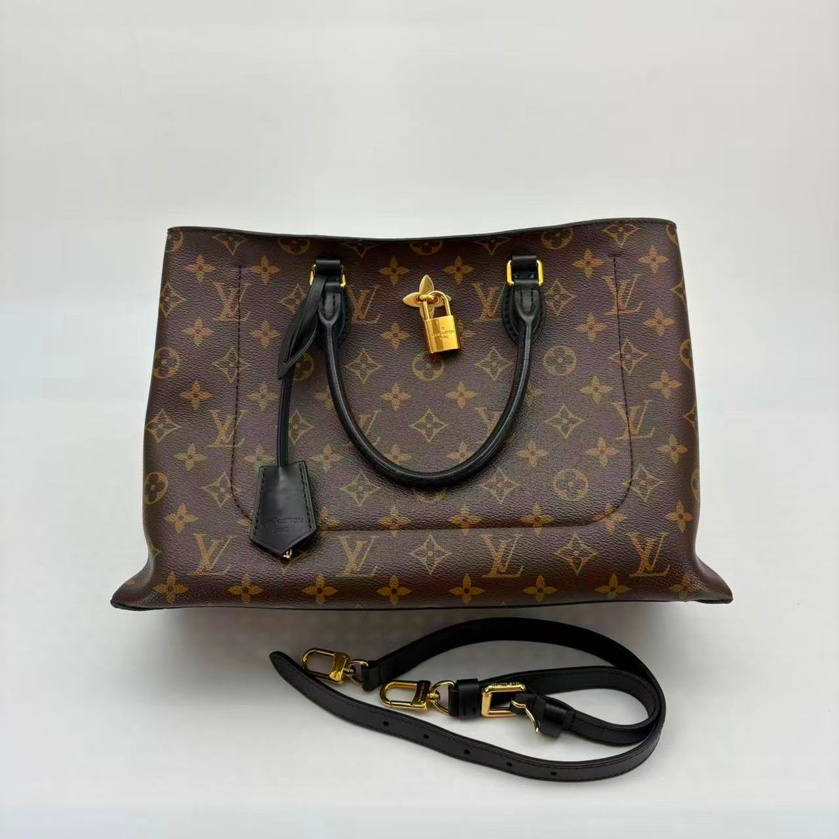 Louis Vuitton Monogram Lock Tote, Classic Monogram Canvas, Black Leather Trim