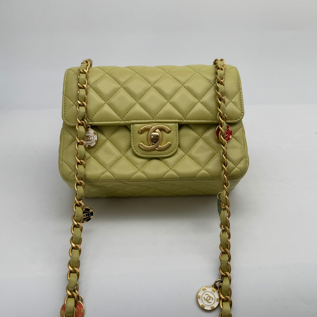 Chanel Yellow Lambskin Square Flap, Charm Details on Chain, Microchipped
