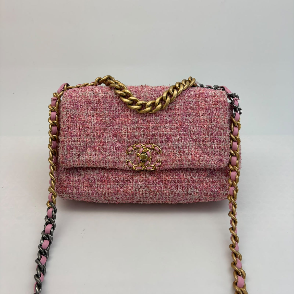 Chanel Pink Tweed Small 19 Bag — Gold/Silver/Ruthenium Hardware, Microchipped