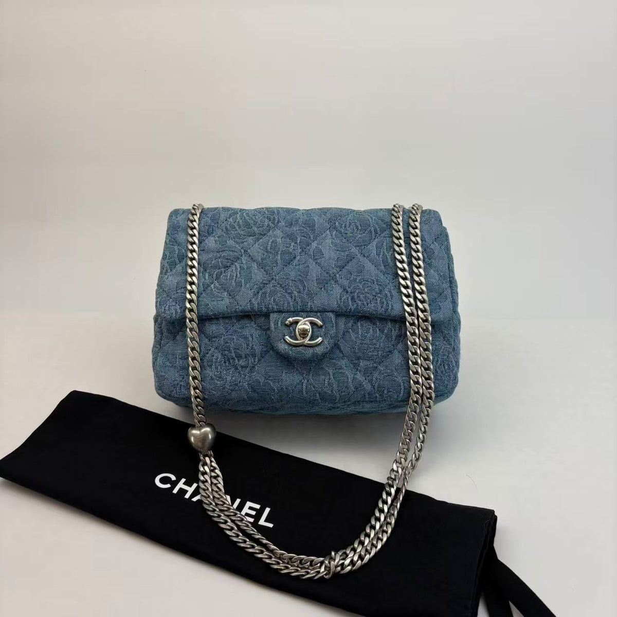 Chanel Medium Denim Embroidered Flap With Pearl Crush — Silver Hardware, Microchipped