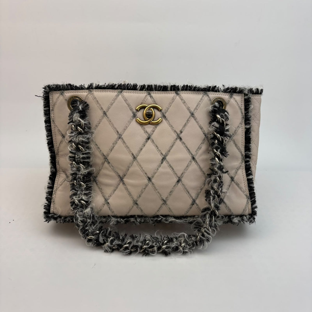 Chanel White Leather/Tweed Coco Mark Matelassé Tote Bag — Antique Gold Hardware, With Seal, Series 15