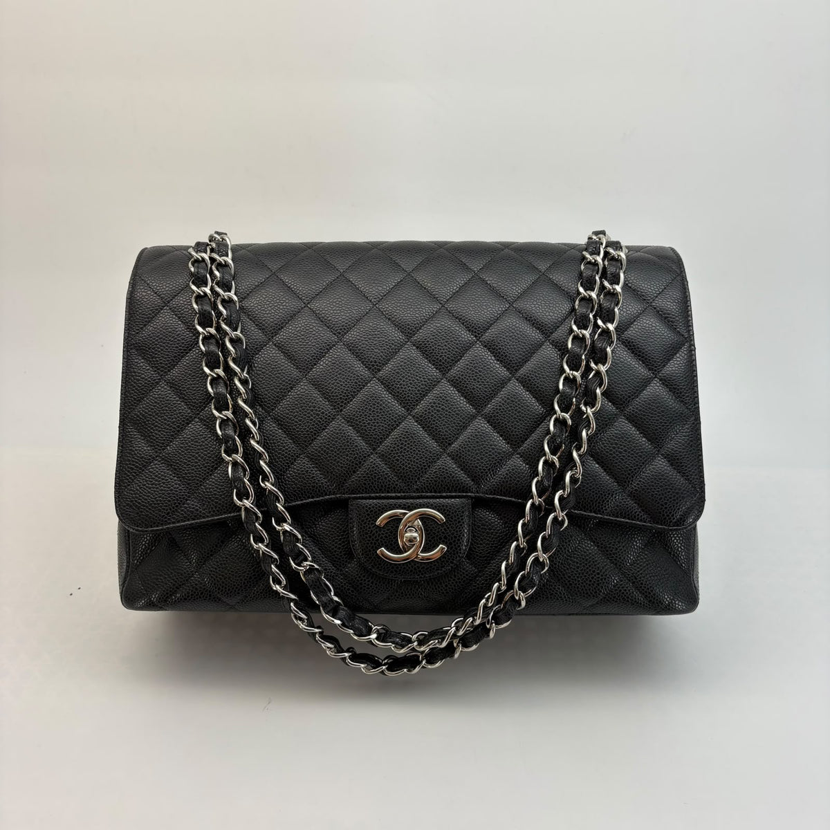 Chanel Black Caviar Maxi Double Flap — Silver Hardware, With Seal, Series 14