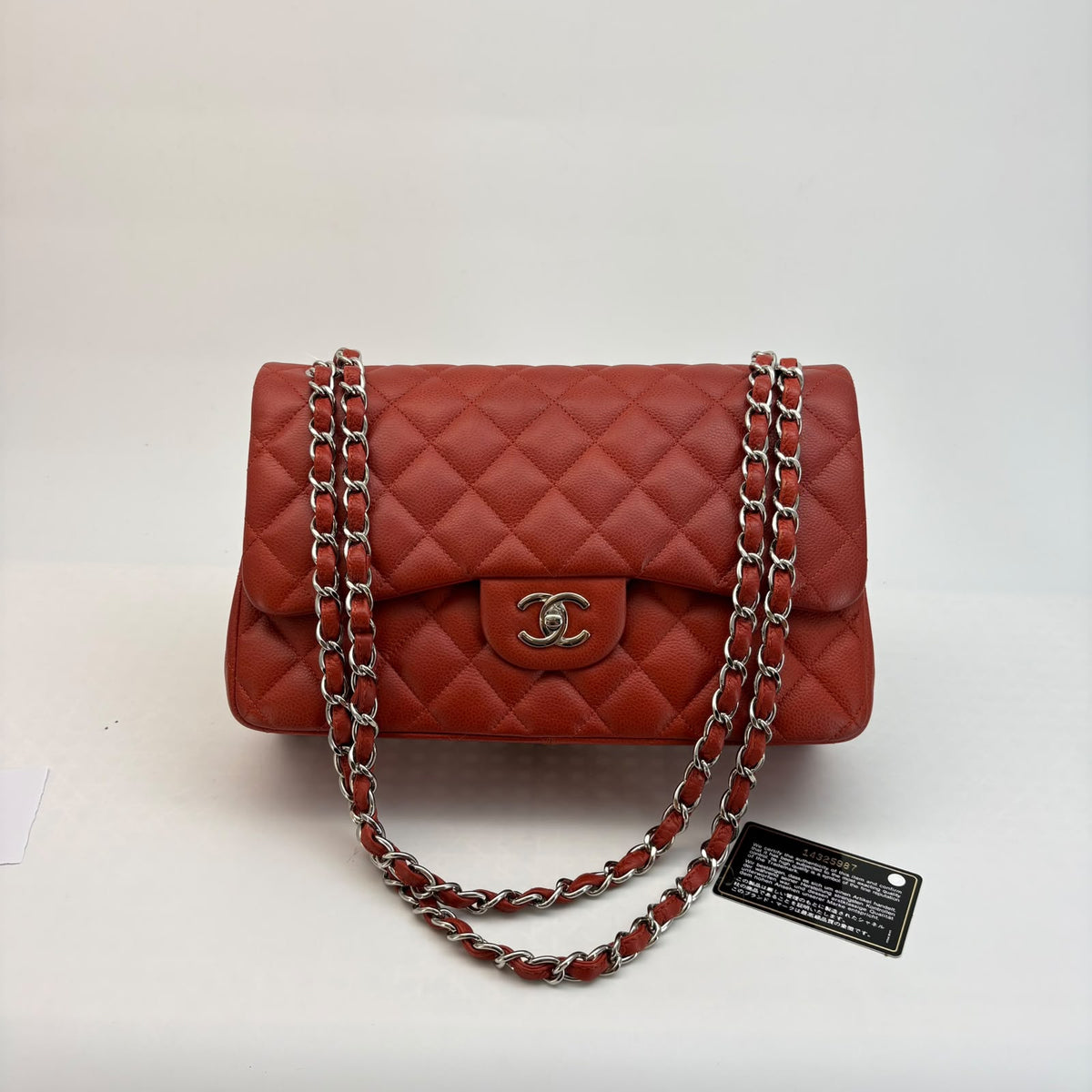 Chanel Red Caviar Jumbo Double Flap — Silver Hardware, With Seal & Card, Series 14