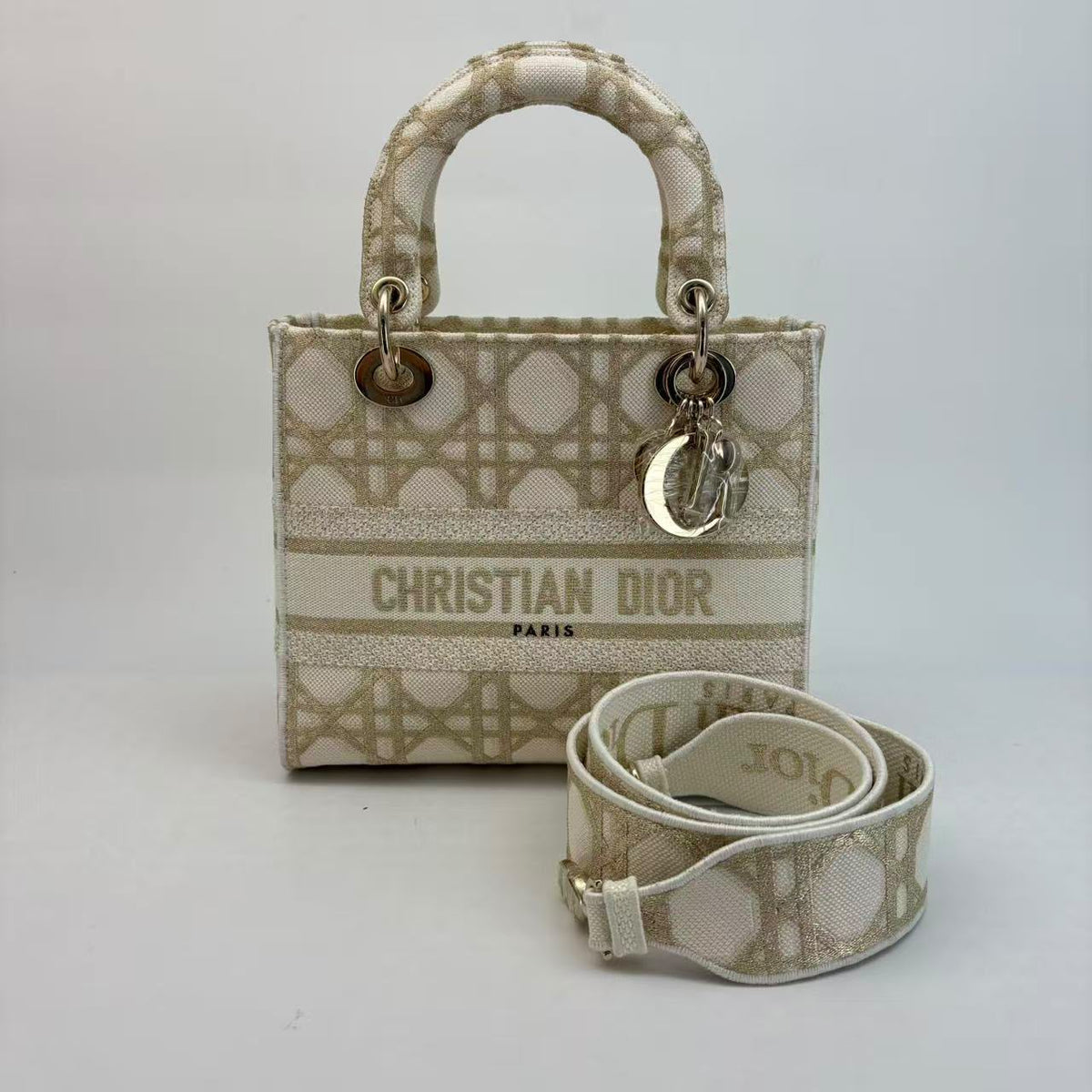 Dior Medium Canvas D-Lite — Champagne Gold Hardware, With Strap