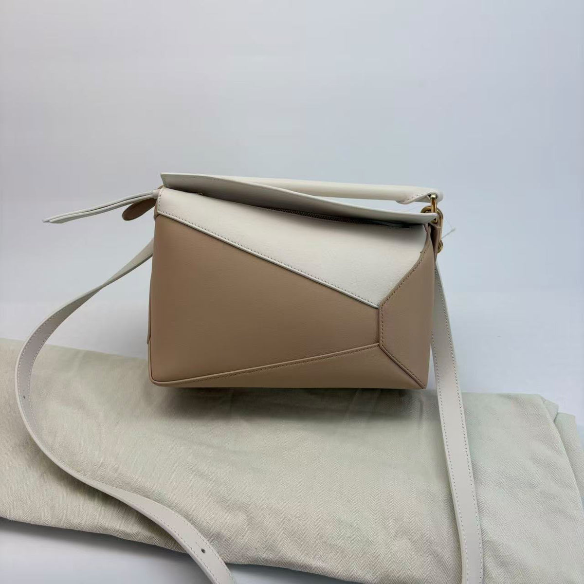 Loewe Beige/White Calf Leather Medium Puzzle — With Strap & Dust Bag, New Model