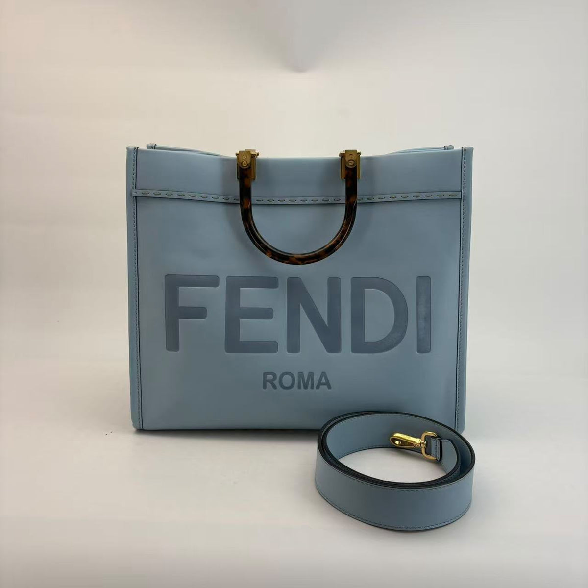 Fendi Light Blue Calf Leather Sunshine Tote MM — With Strap