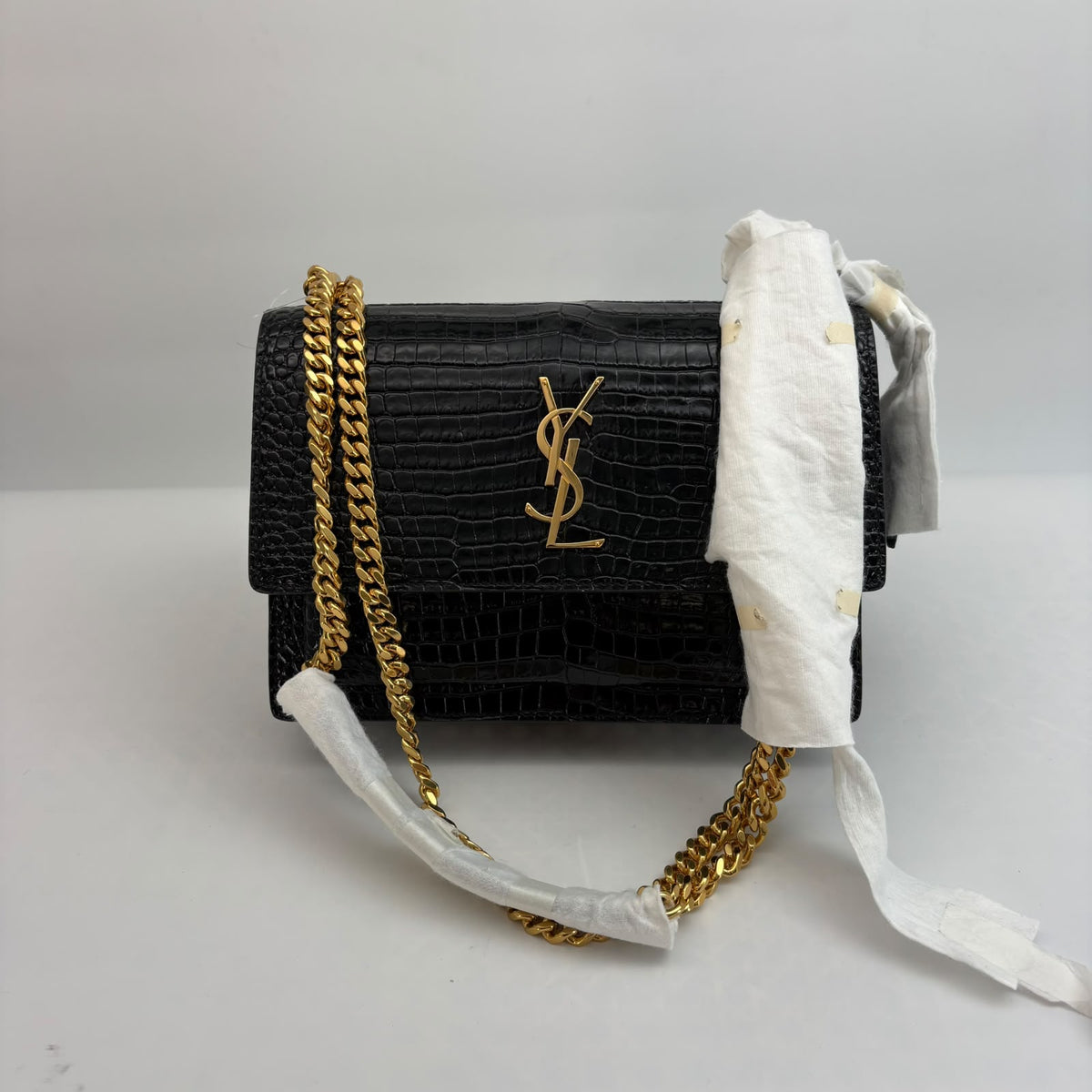 YSL Black Croc-Embossed Calf Leather Sunset Crossbody