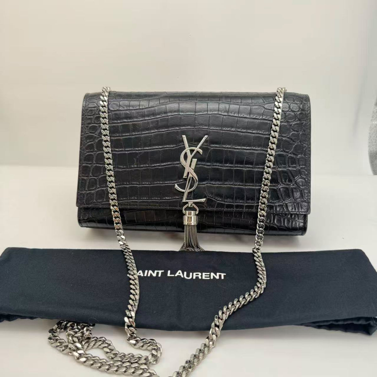 YSL Black Croc-Embossed Kate Crossbody, Dust Bag