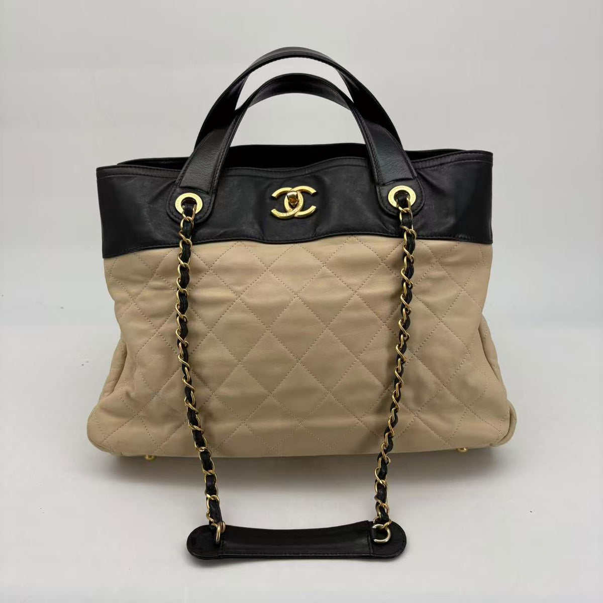 Chanel Black Beige Calfskin Tote, Gold Hardware, Series 16