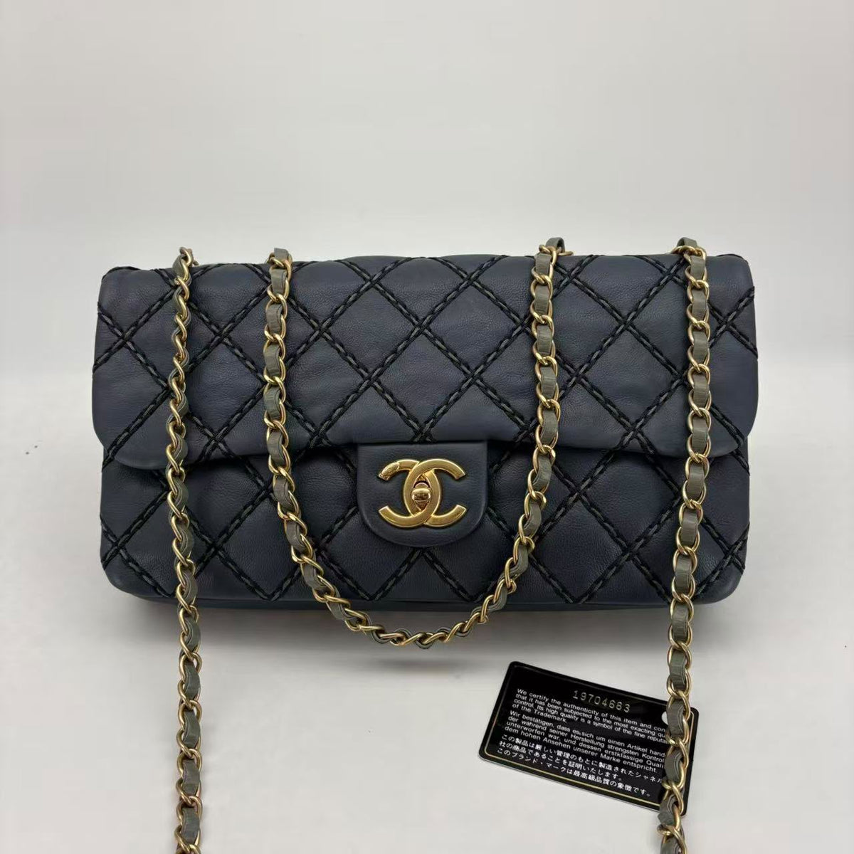 Chanel Navy Lambskin Wild Stitch East-West Flap, Gold Hardware, Series 19, Seal, Card