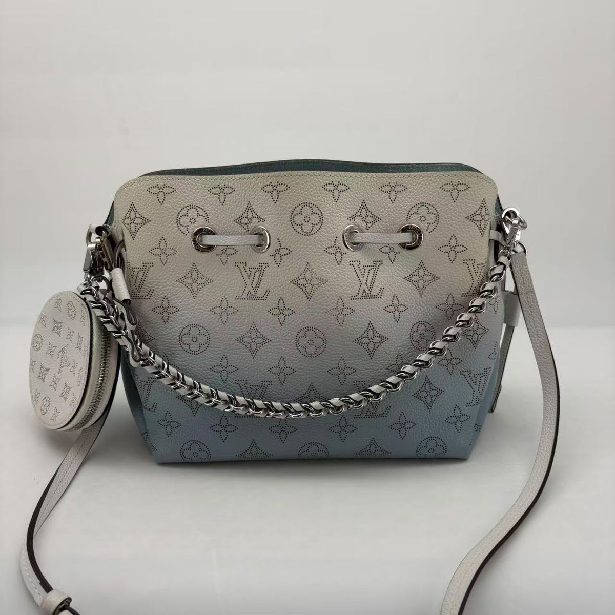 Louis Vuitton Blue Ombré Mahina Bucket, Silver Hardware, Pouch
