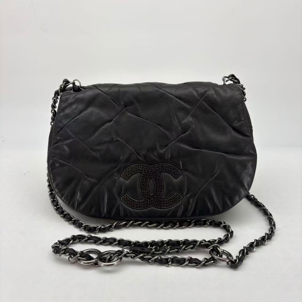 Chanel Black Lambskin Oval Flap, Ruthenium Hardware, Series 14