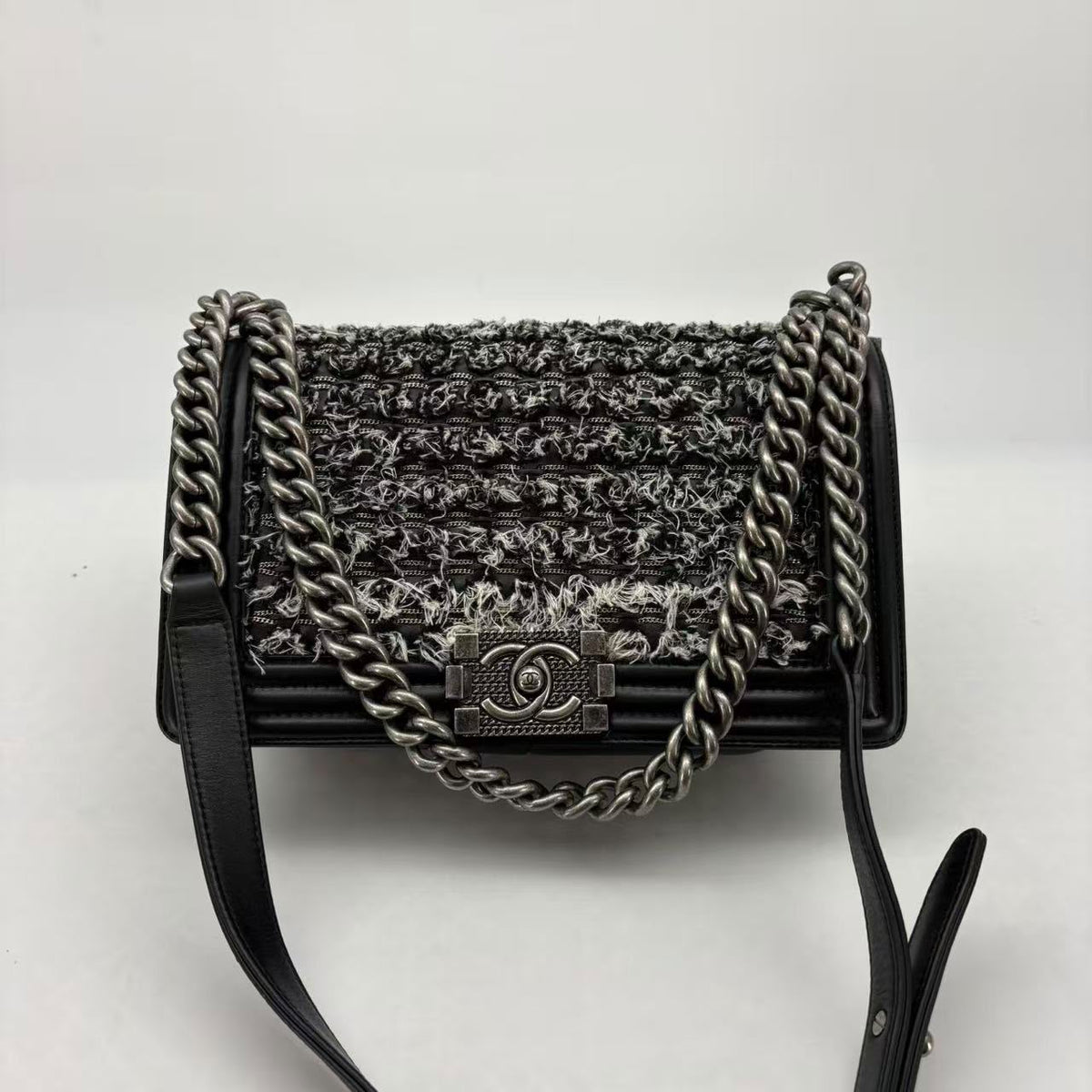 Chanel Black Tweed Medium Bag, Ruthenium Hardware, 23