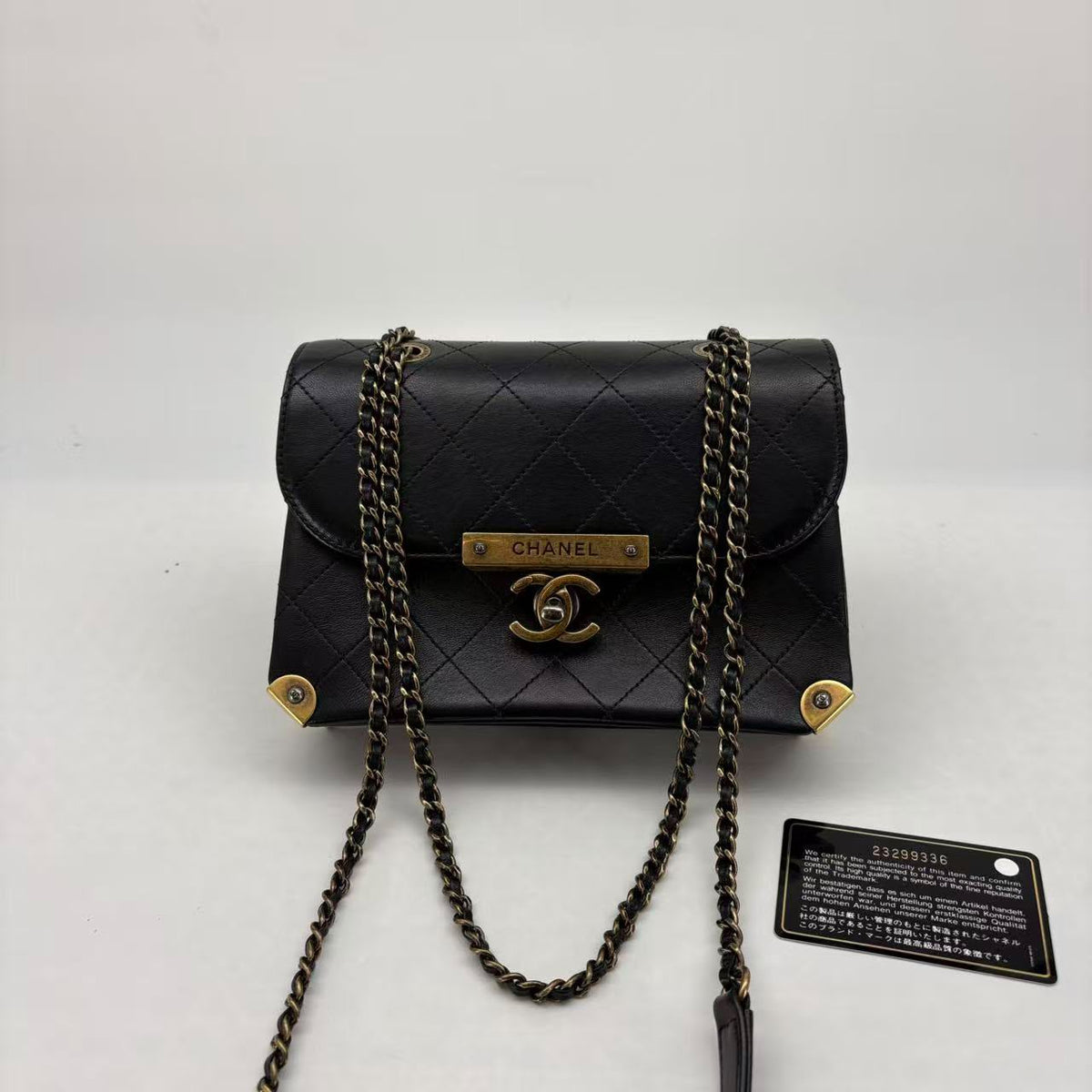 Chanel Black Calfskin Flap, Antique Gold Hardware, Series 23, Seal