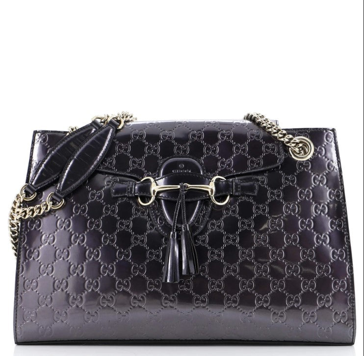 Gucci Emily Chain Flap Shoulder Bag Guccissima Patent Large