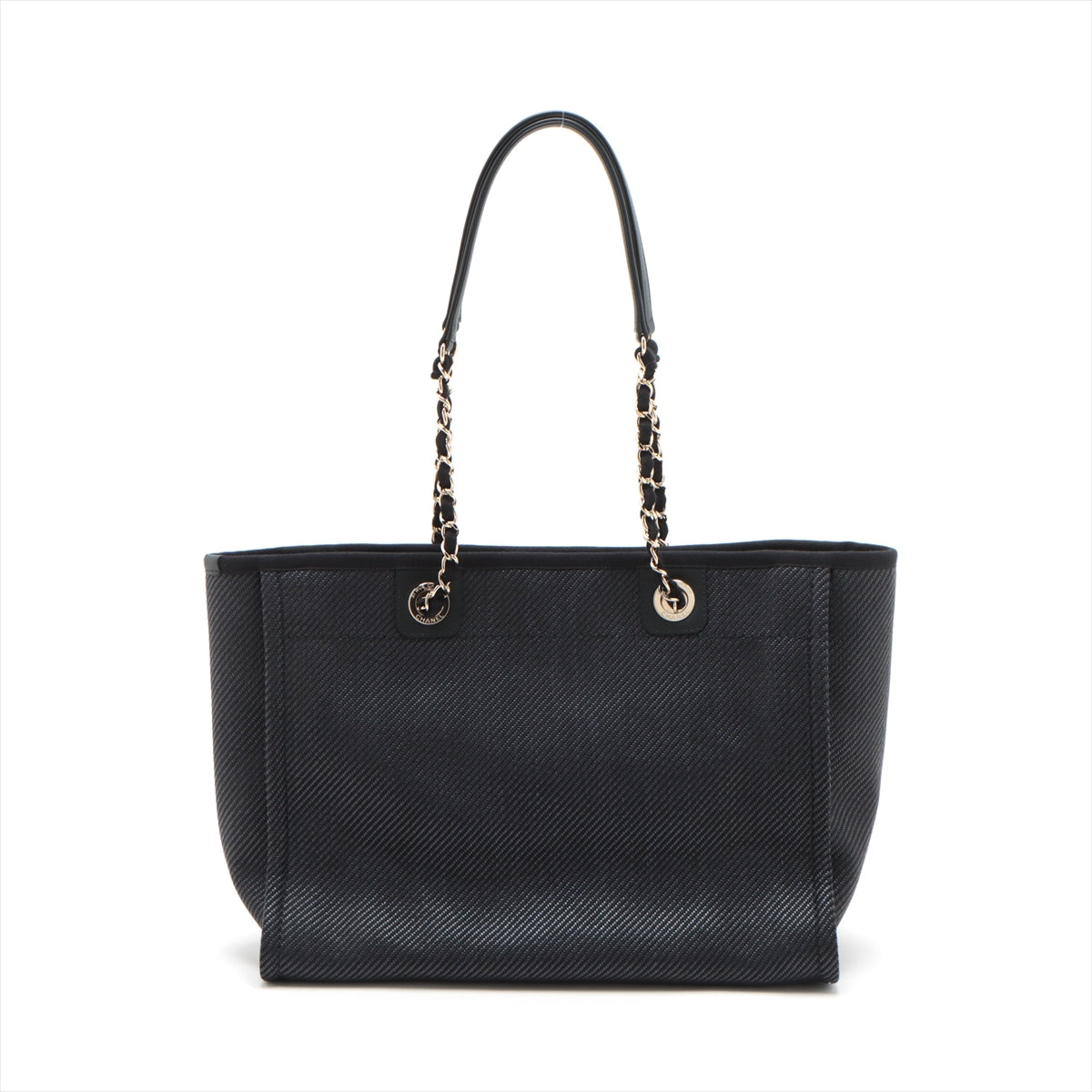 Chanel Deauville MM Straw & leather Chain Tote Bag Navy Blue Gold Metal Fittings 30302479
