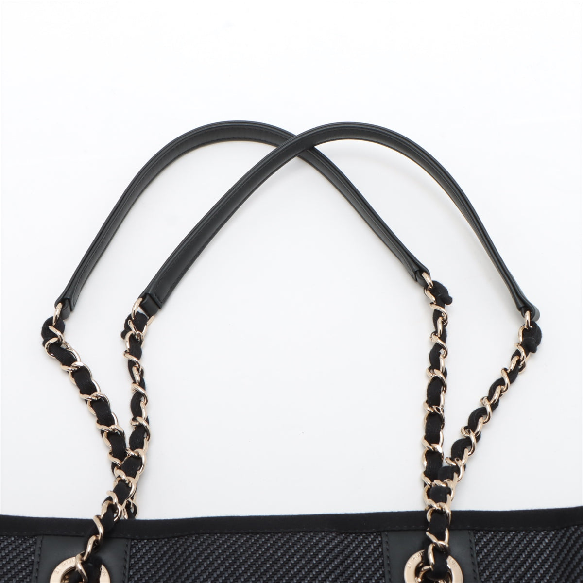 Chanel Deauville MM Straw & leather Chain Tote Bag Navy Blue Gold Metal Fittings 30302479