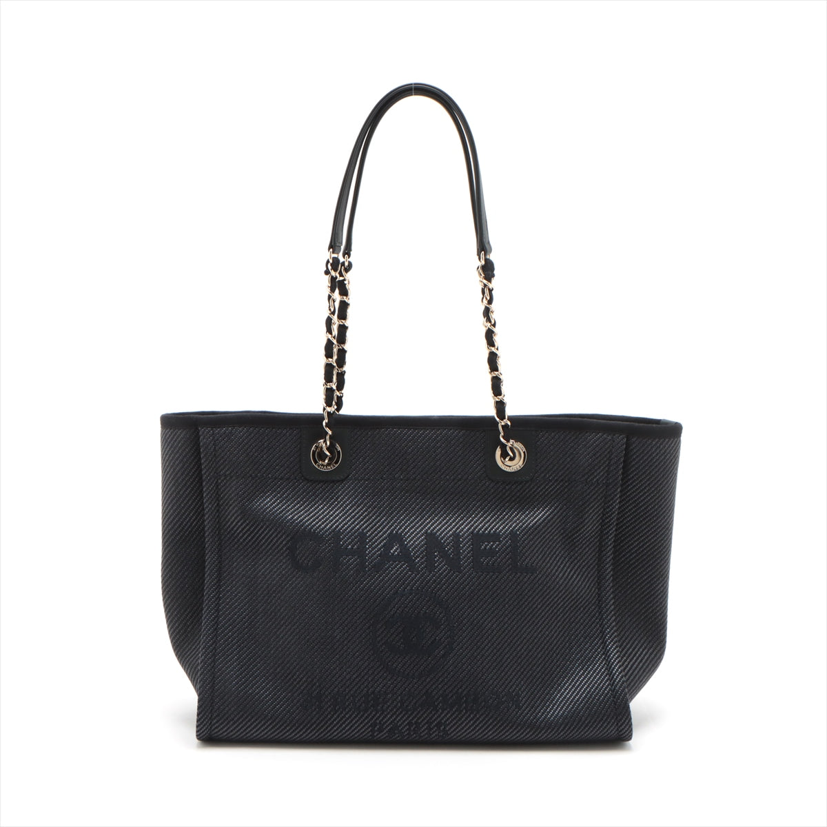 Chanel Deauville MM Straw & leather Chain Tote Bag Navy Blue Gold Metal Fittings 30302479