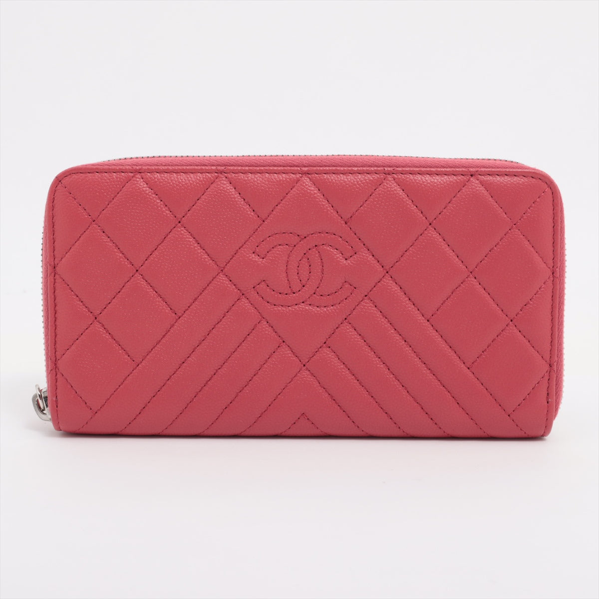 Chanel Matrasse x V stitch Caviar Skin Zip Round Wallet Pink Silver Metal Fittings 26415219