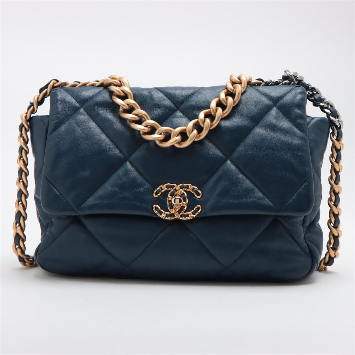 Chanel CHANEL 19 Large Lambskin Chain Shoulder Bag Navy Blue Gold x Silver Metal Fittings 29311318 AS1161