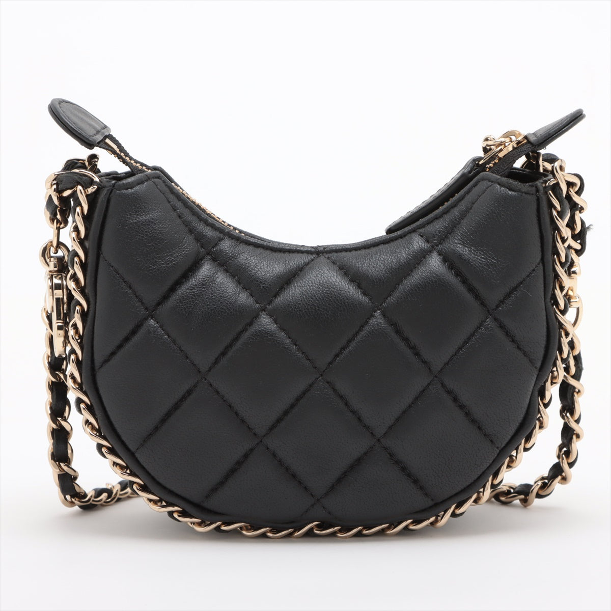 Chanel Small Hobo Lambskin Chain Shoulder Bag Black Gold Metal Fittings