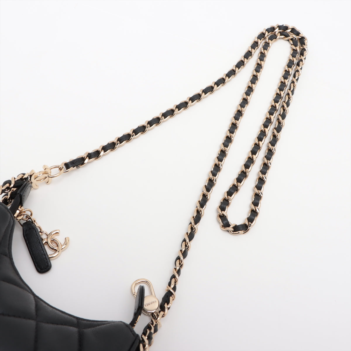 Chanel Small Hobo Lambskin Chain Shoulder Bag Black Gold Metal Fittings
