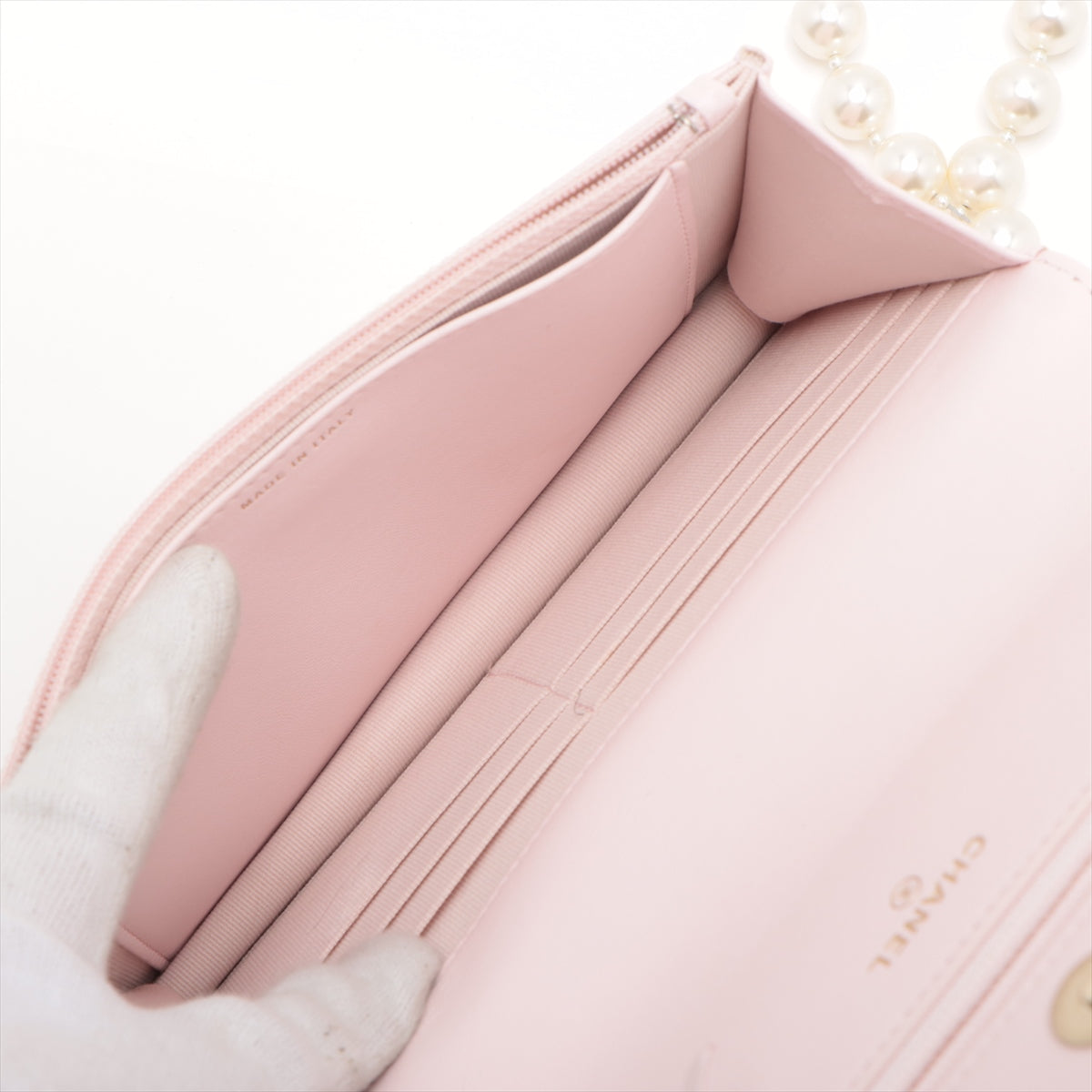Chanel Matelasse Lambskin Chain Wallet Pearl Pink Gold Metal Fittings