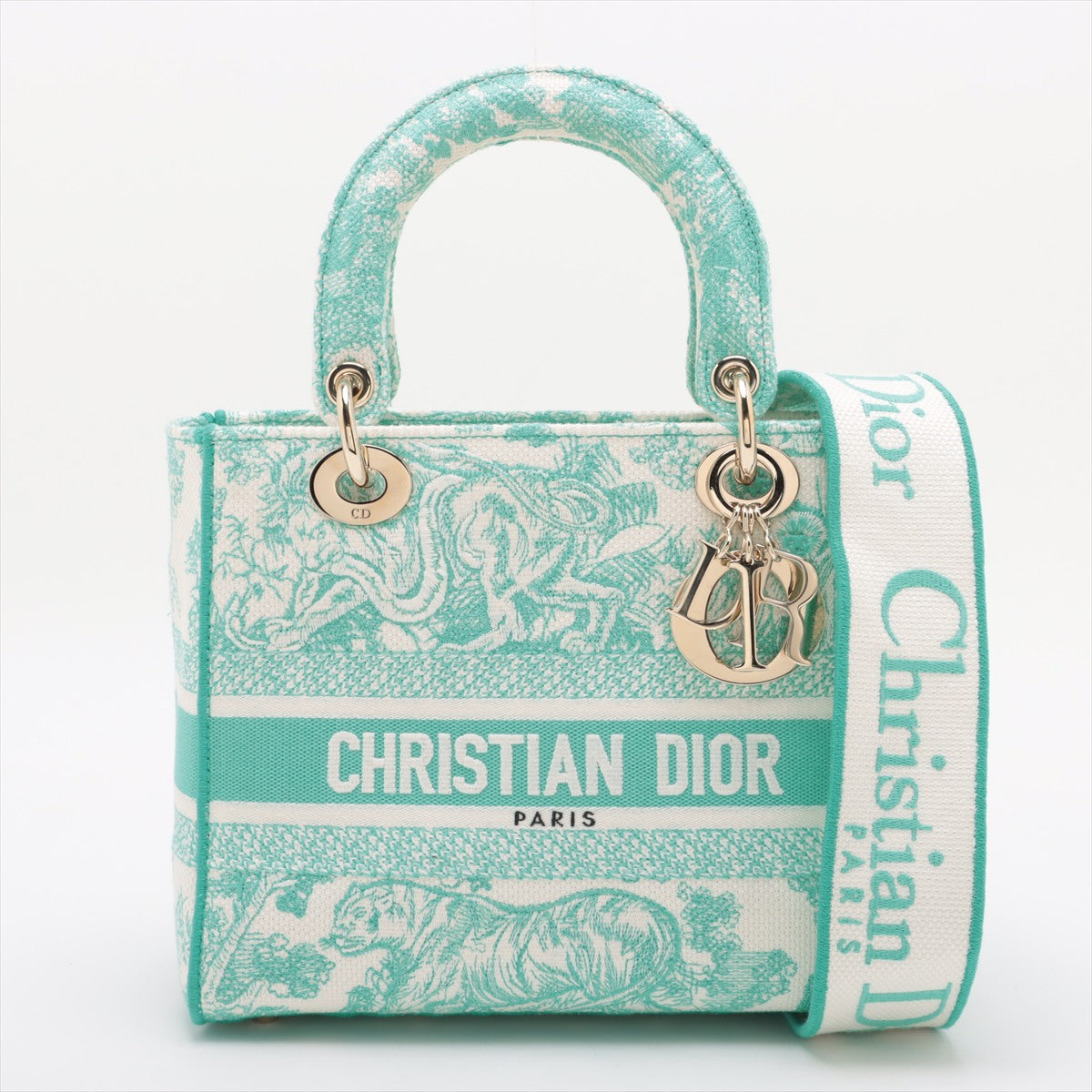 Christian Dior Lady Dee Light Medium Twardu JUY Embroidery canvas 2 Way Handbag White x green