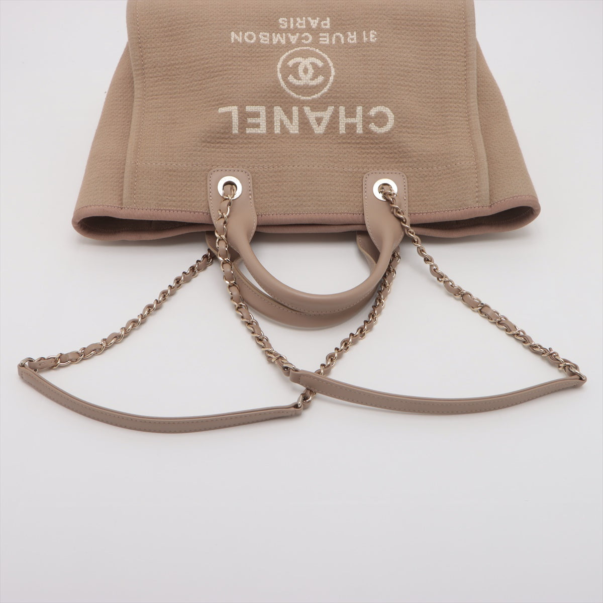Chanel Deauville MM Canvas & Leather 2 Way Tote Bag Beige Gold Metal Fittings JTTJ9UU6