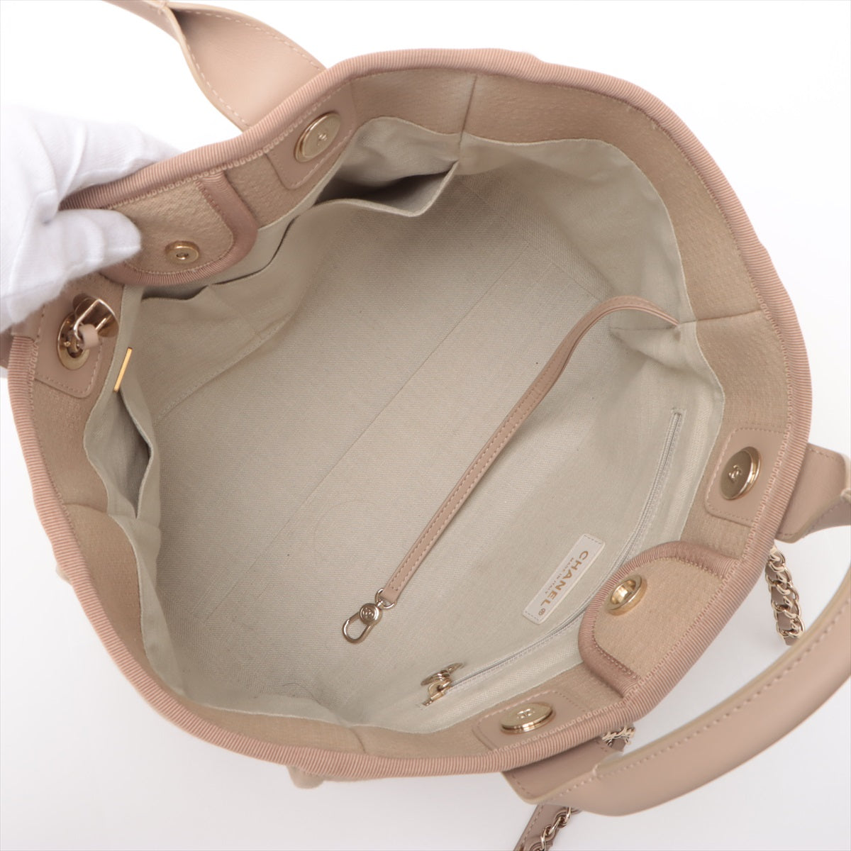 Chanel Deauville MM Canvas & Leather 2 Way Tote Bag Beige Gold Metal Fittings JTTJ9UU6