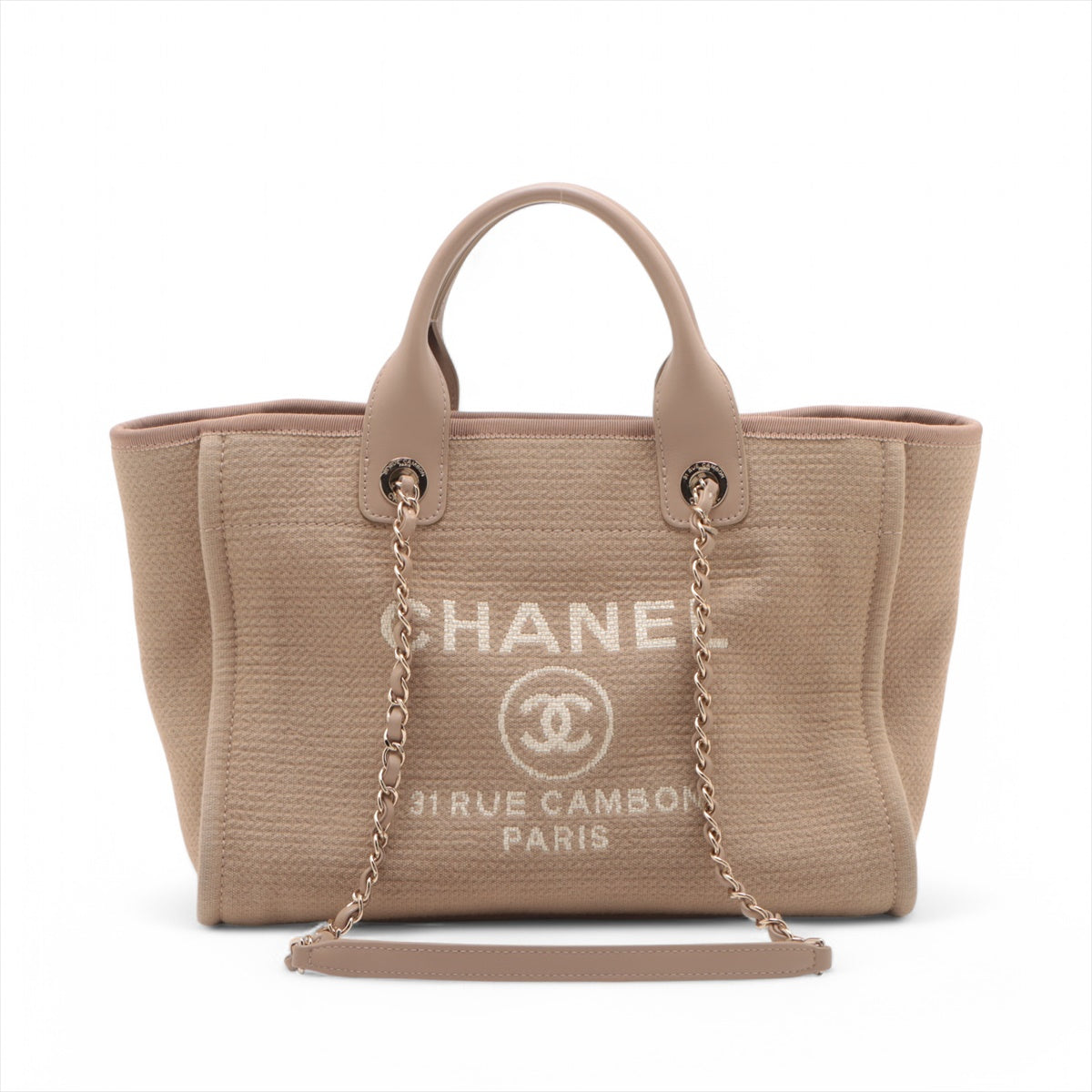 Chanel Deauville MM Canvas & Leather 2 Way Tote Bag Beige Gold Metal Fittings JTTJ9UU6