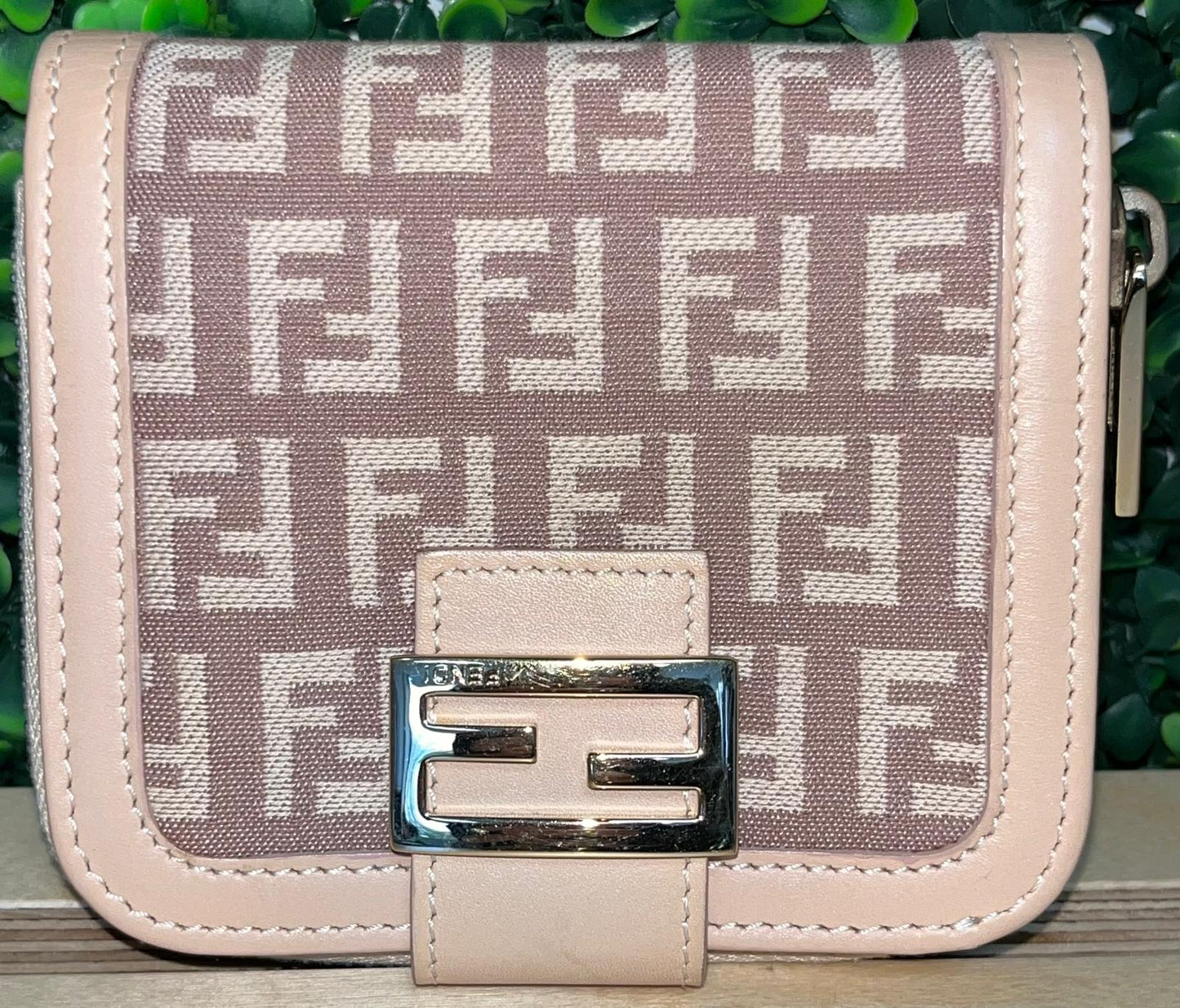 Fendi pink zucca compact wallet champagne GHW with box and dust bag