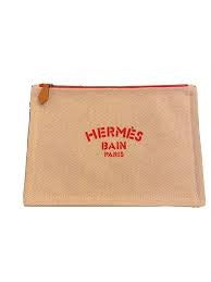 Hermès Yachting Flat MM Canvas Pouch Beige x Orange Silver Metal fittings