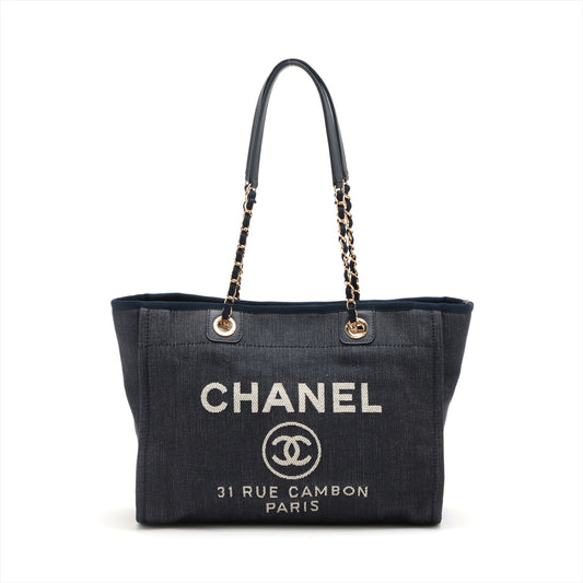 Chanel Deauville MM Denim Chain tote bag Navy blue Gold Metal fittings 17645670
