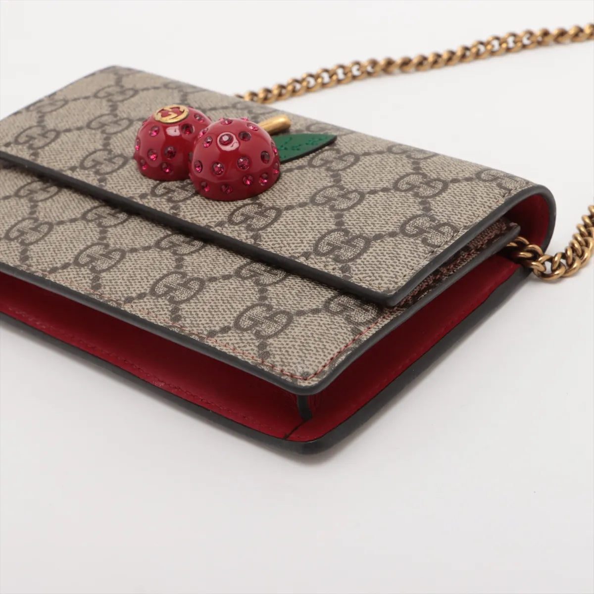 Gucci GG Supreme PVCx leather Chain Shoulder Bag Beige x red 481291