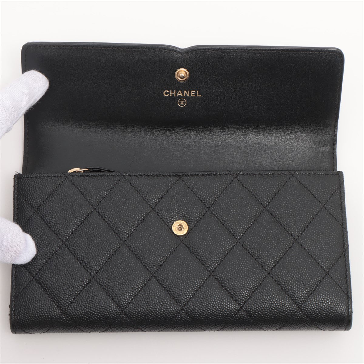 Chanel CC Filigree Caviar Skin Wallet Black Gold Metal Fittings