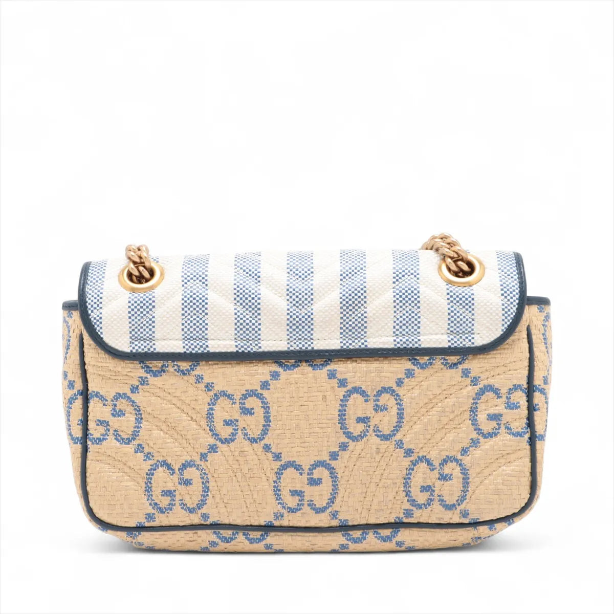 Gucci GG Marmont raffia x leather Chain Shoulder Bag Beige x blue 443497